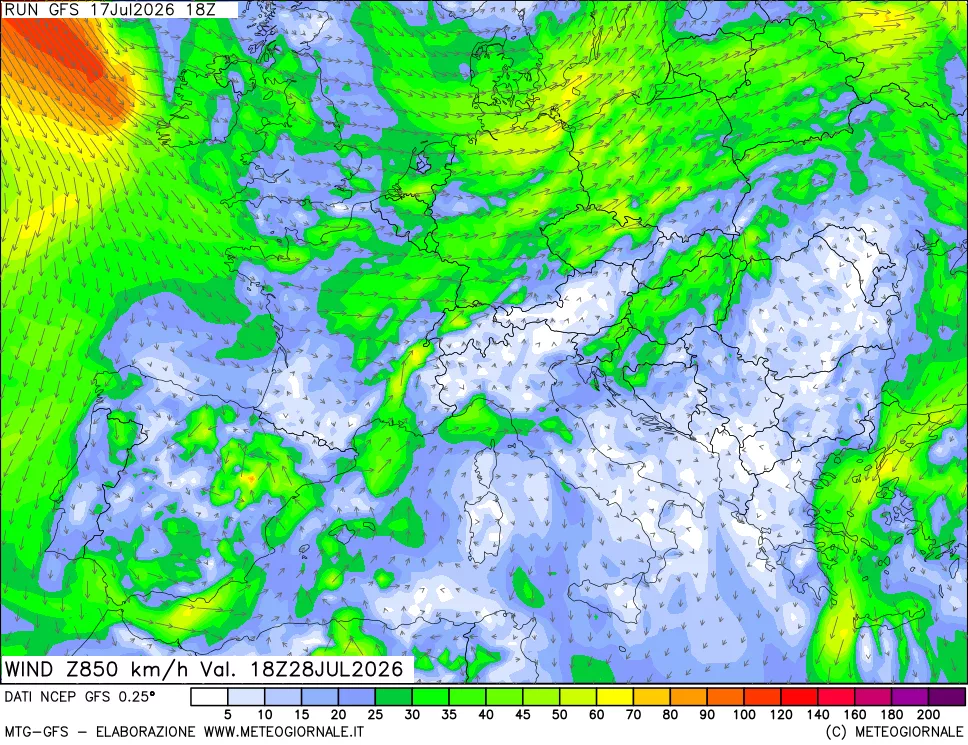 mappa 850 hPa Vento forza e direzione