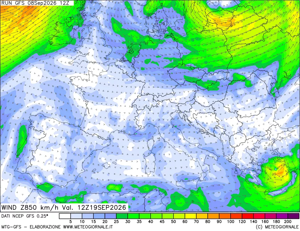 mappa 850 hPa Vento forza e direzione
