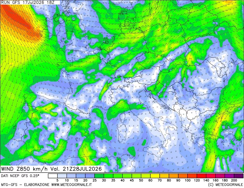 mappa 850 hPa Vento forza e direzione