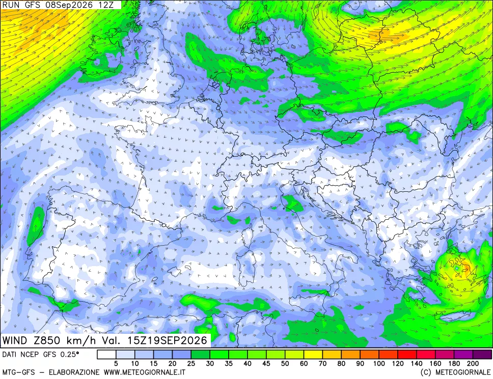 mappa 850 hPa Vento forza e direzione