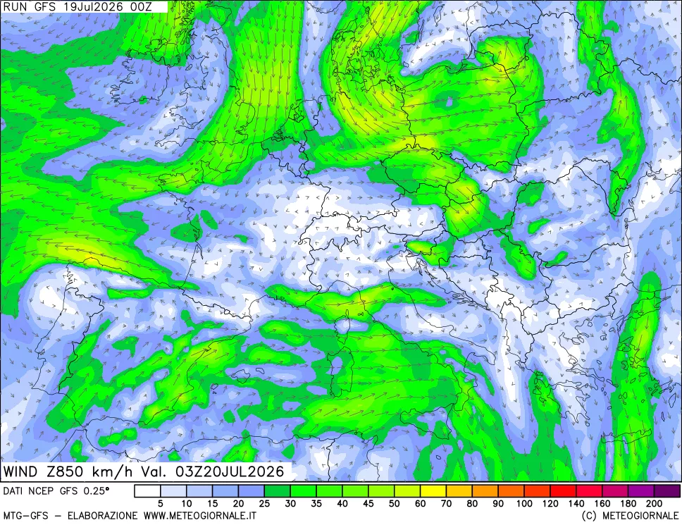 mappa 850 hPa Vento forza e direzione