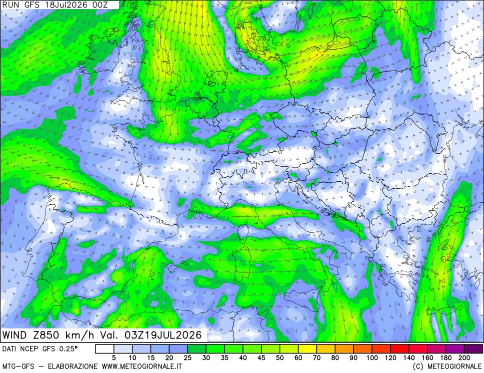 mappa 850 hPa Vento forza e direzione