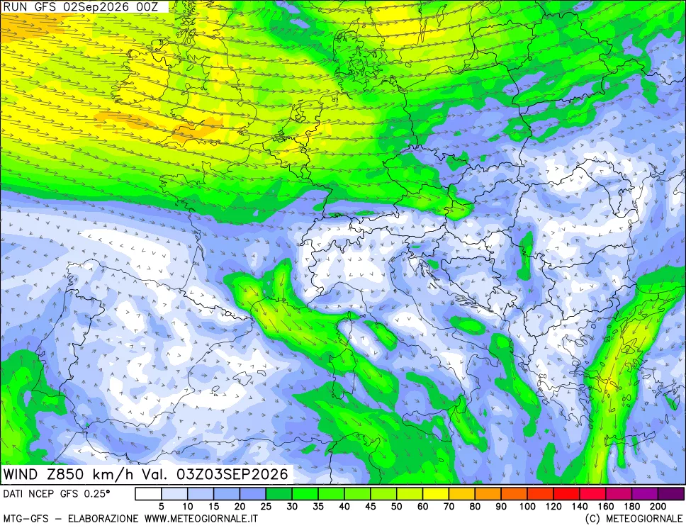 mappa 850 hPa Vento forza e direzione