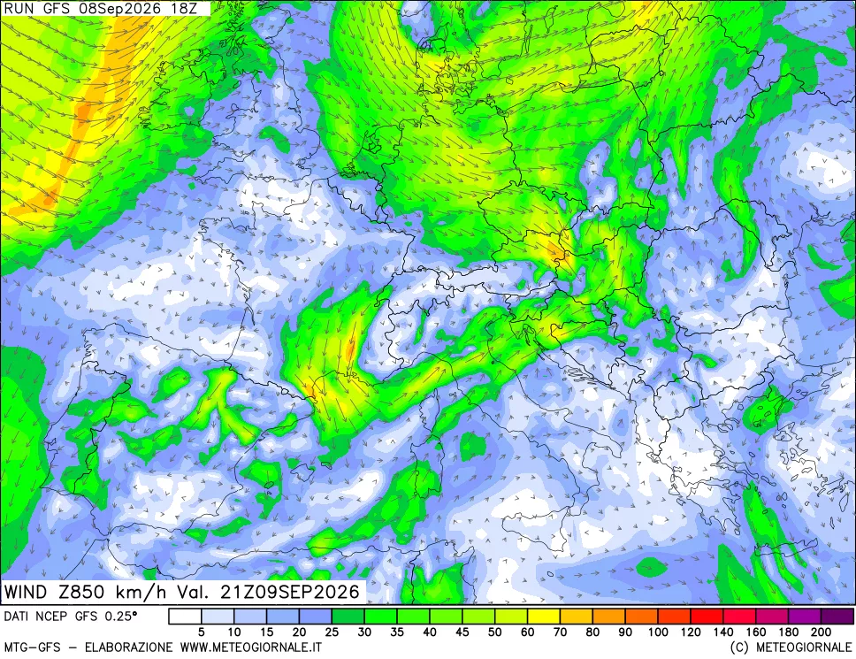 mappa 850 hPa Vento forza e direzione