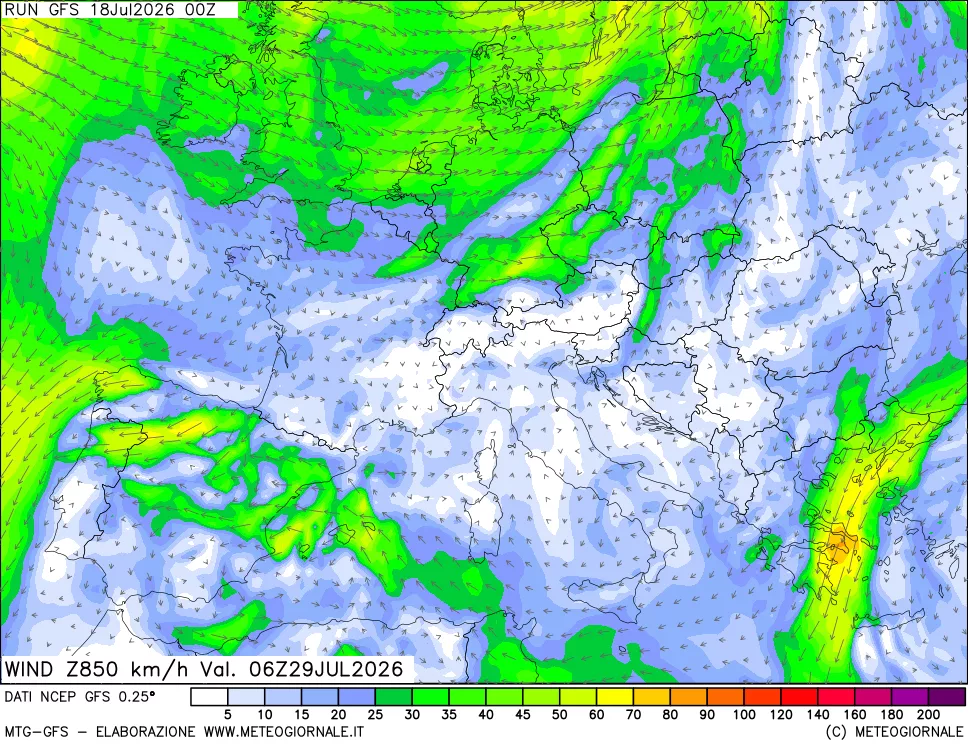 mappa 850 hPa Vento forza e direzione