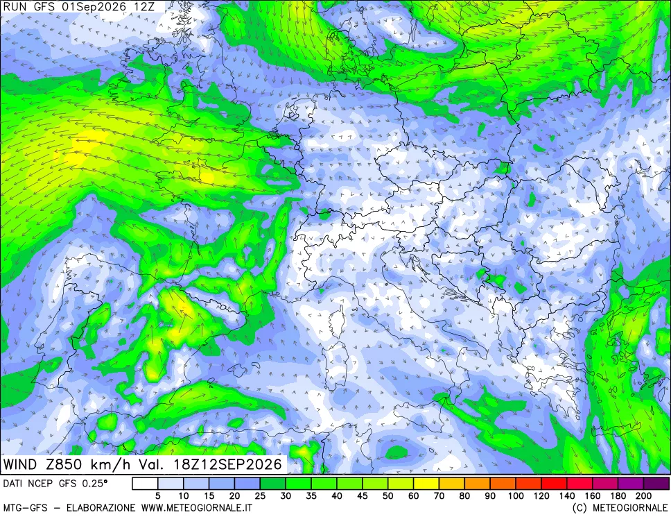 mappa 850 hPa Vento forza e direzione