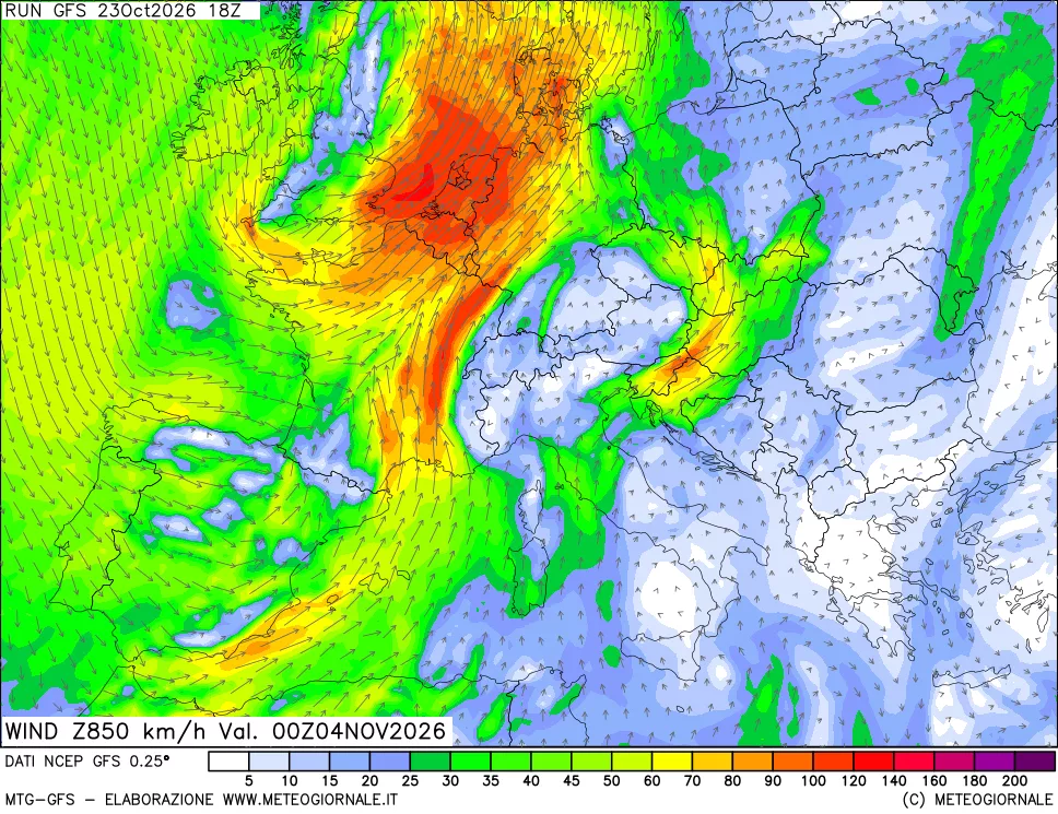 mappa 850 hPa Vento forza e direzione