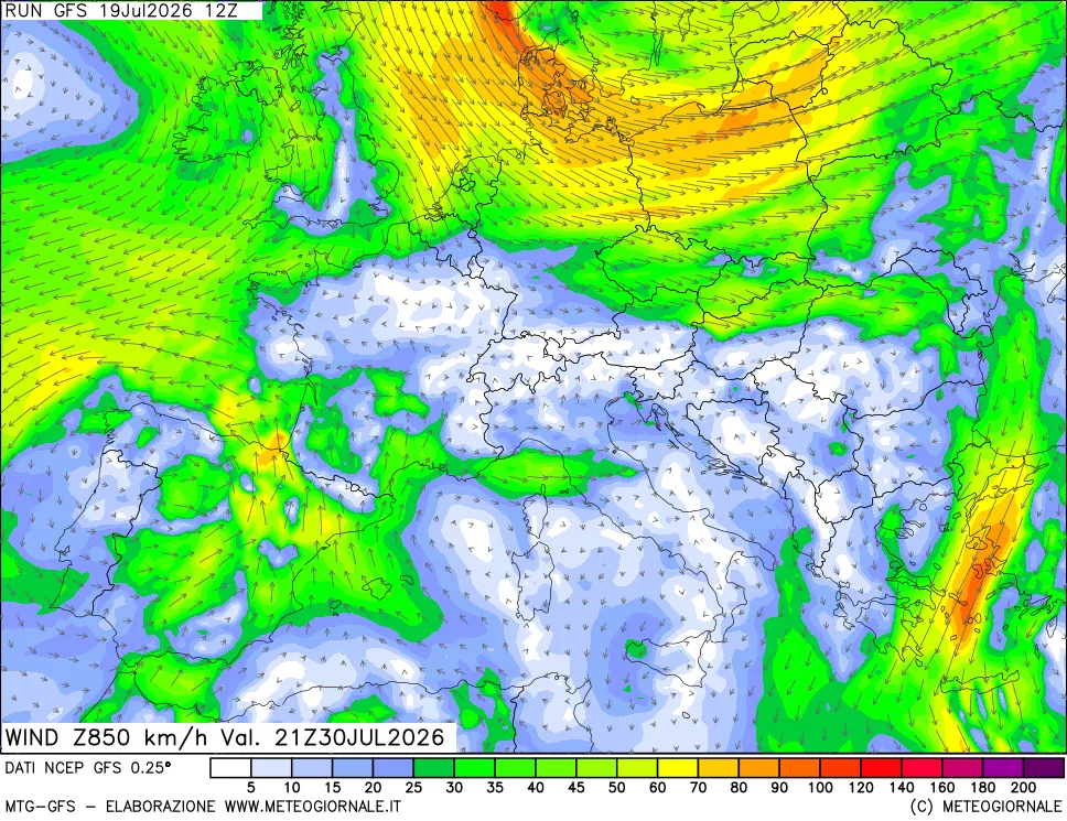 mappa 850 hPa Vento forza e direzione