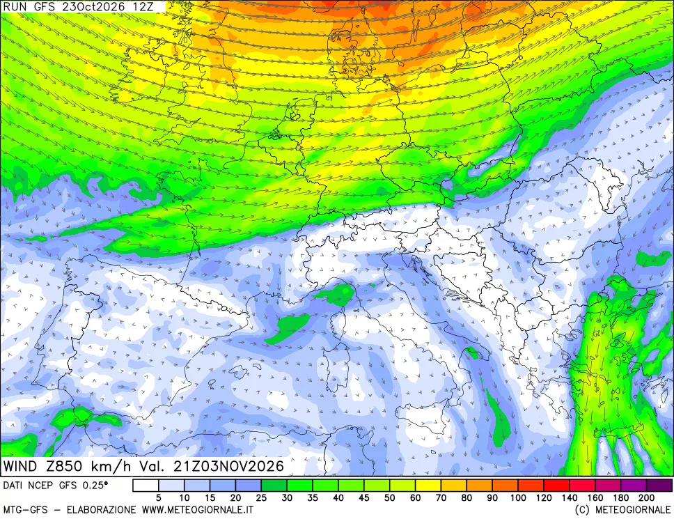 mappa 850 hPa Vento forza e direzione