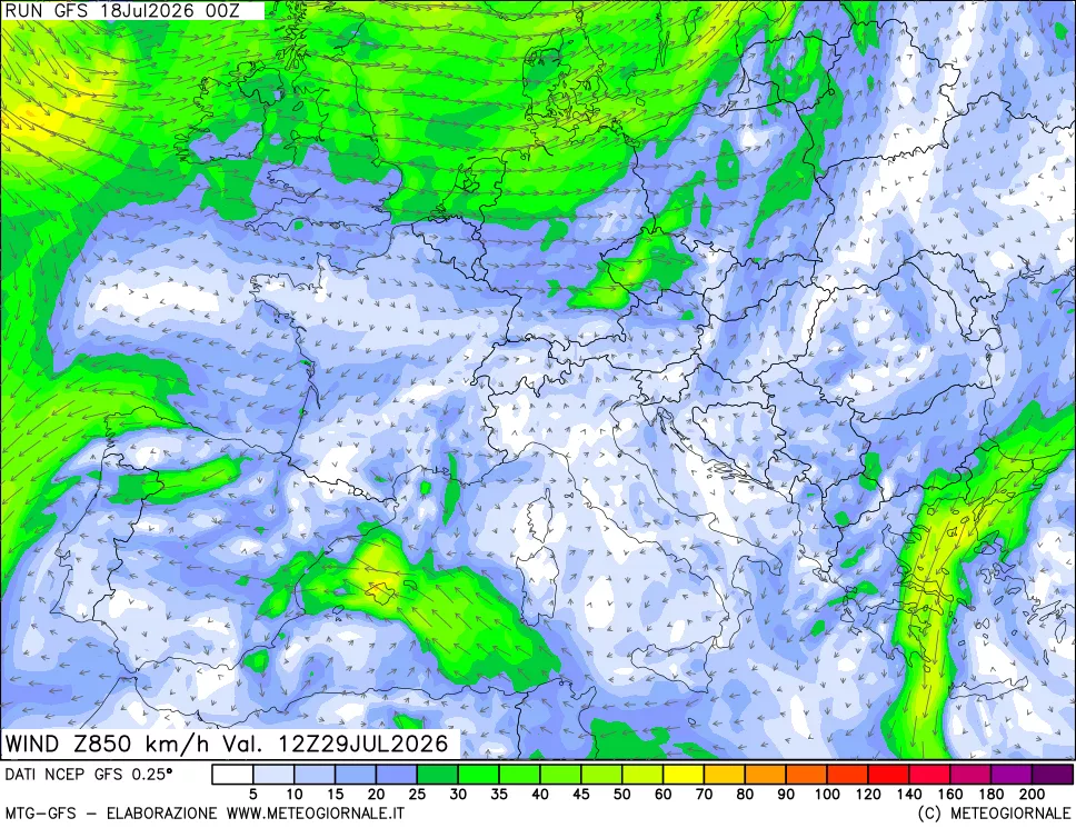 mappa 850 hPa Vento forza e direzione