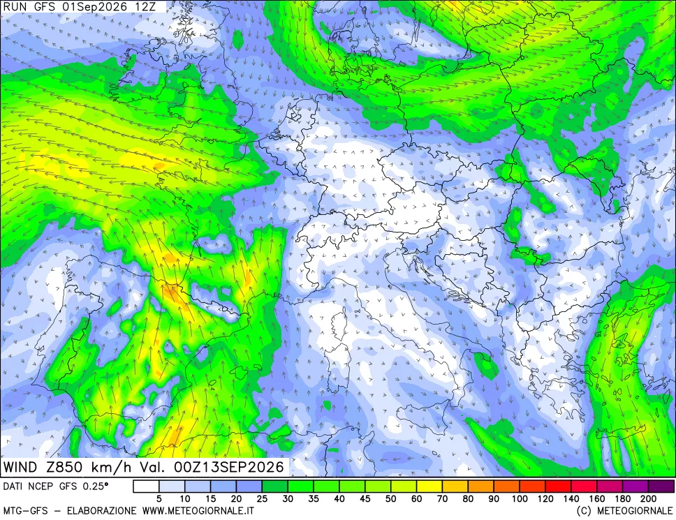 mappa 850 hPa Vento forza e direzione