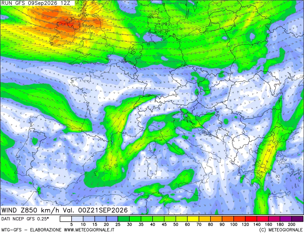 mappa 850 hPa Vento forza e direzione