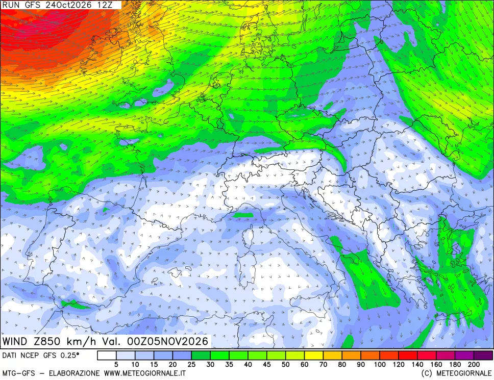mappa 850 hPa Vento forza e direzione