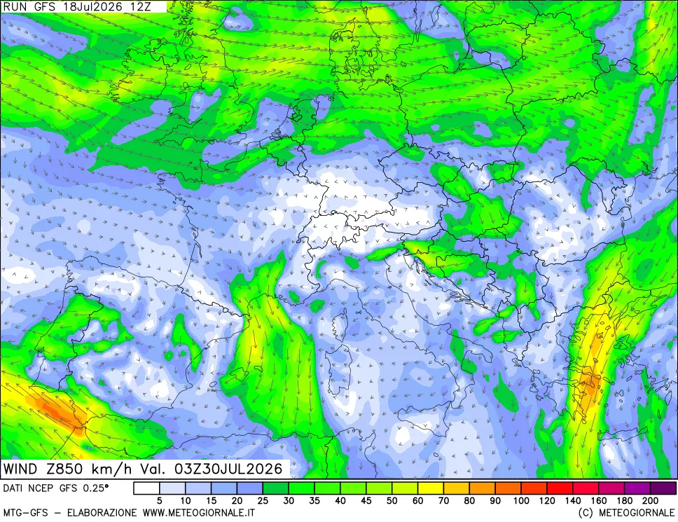 mappa 850 hPa Vento forza e direzione