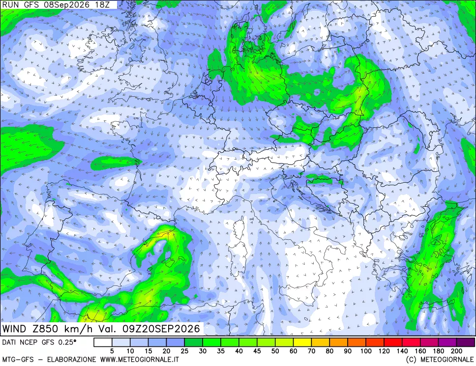 mappa 850 hPa Vento forza e direzione