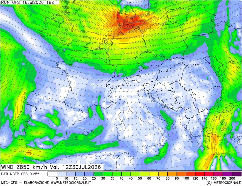 mappa 850 hPa Vento forza e direzione