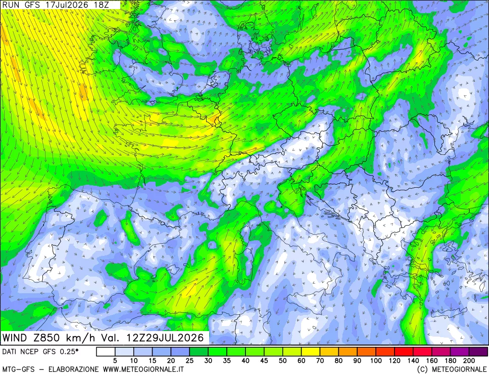 mappa 850 hPa Vento forza e direzione