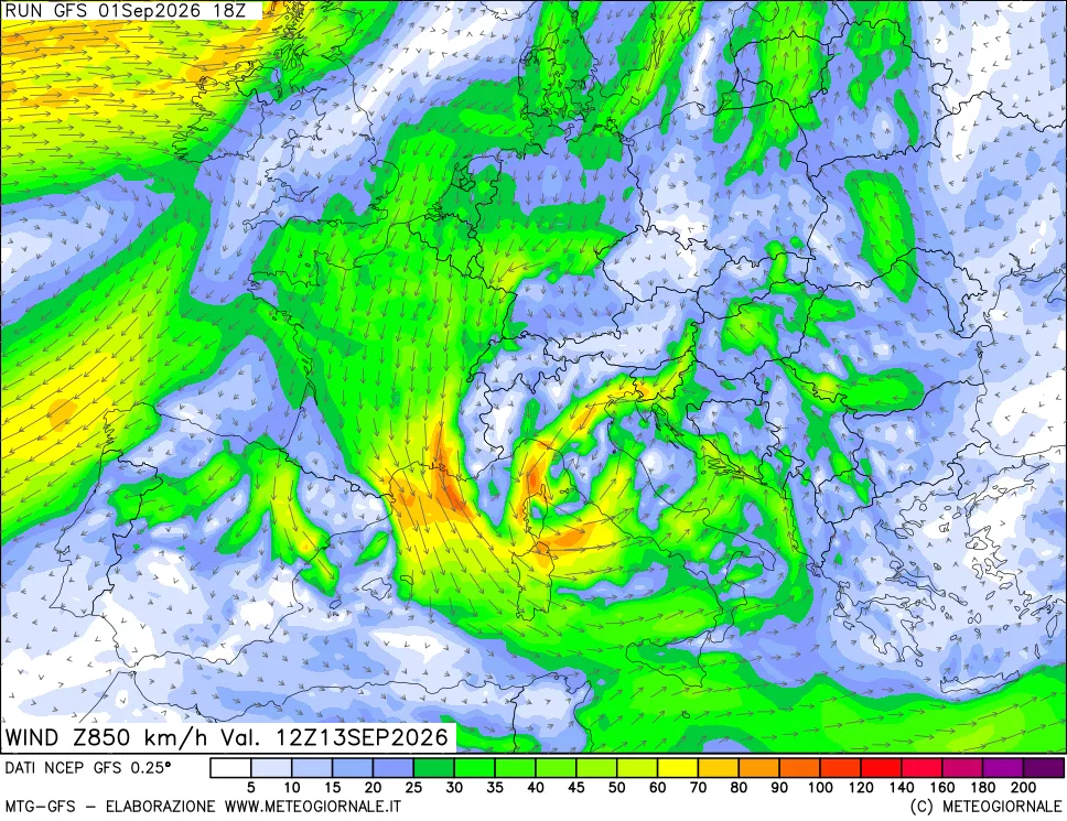 mappa 850 hPa Vento forza e direzione