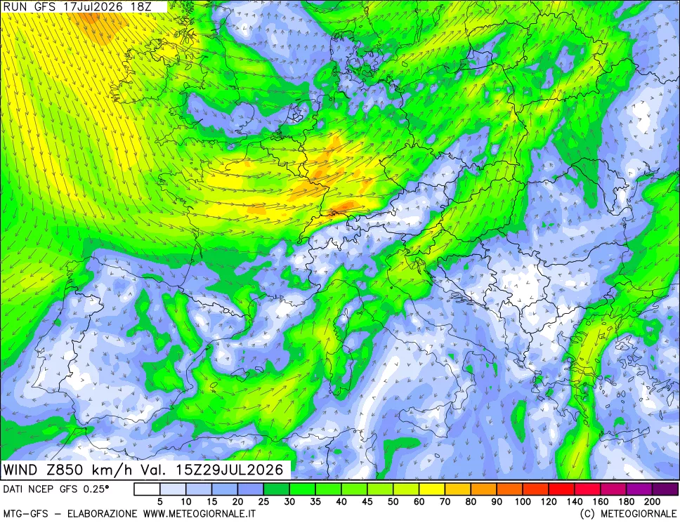 mappa 850 hPa Vento forza e direzione