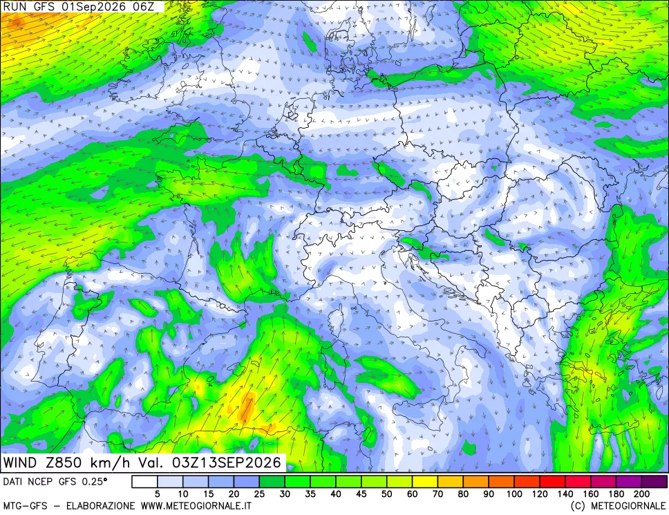 mappa 850 hPa Vento forza e direzione