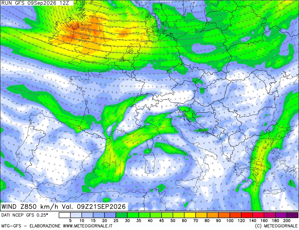 mappa 850 hPa Vento forza e direzione