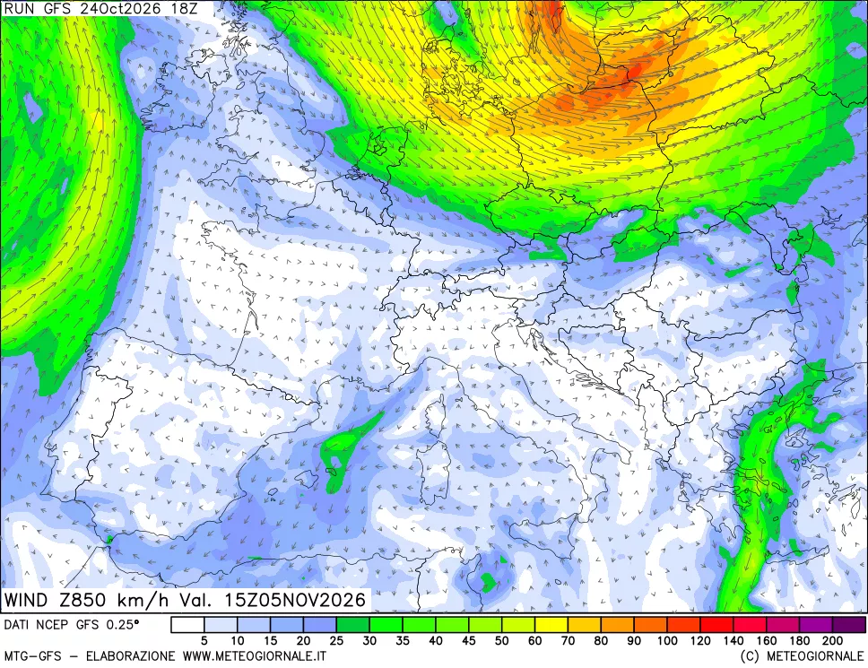 mappa 850 hPa Vento forza e direzione