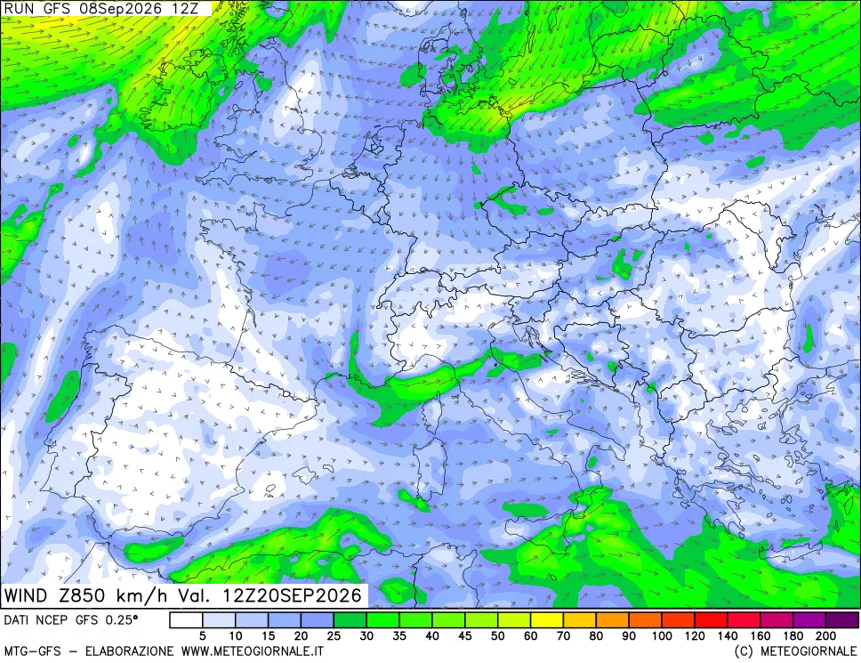 mappa 850 hPa Vento forza e direzione