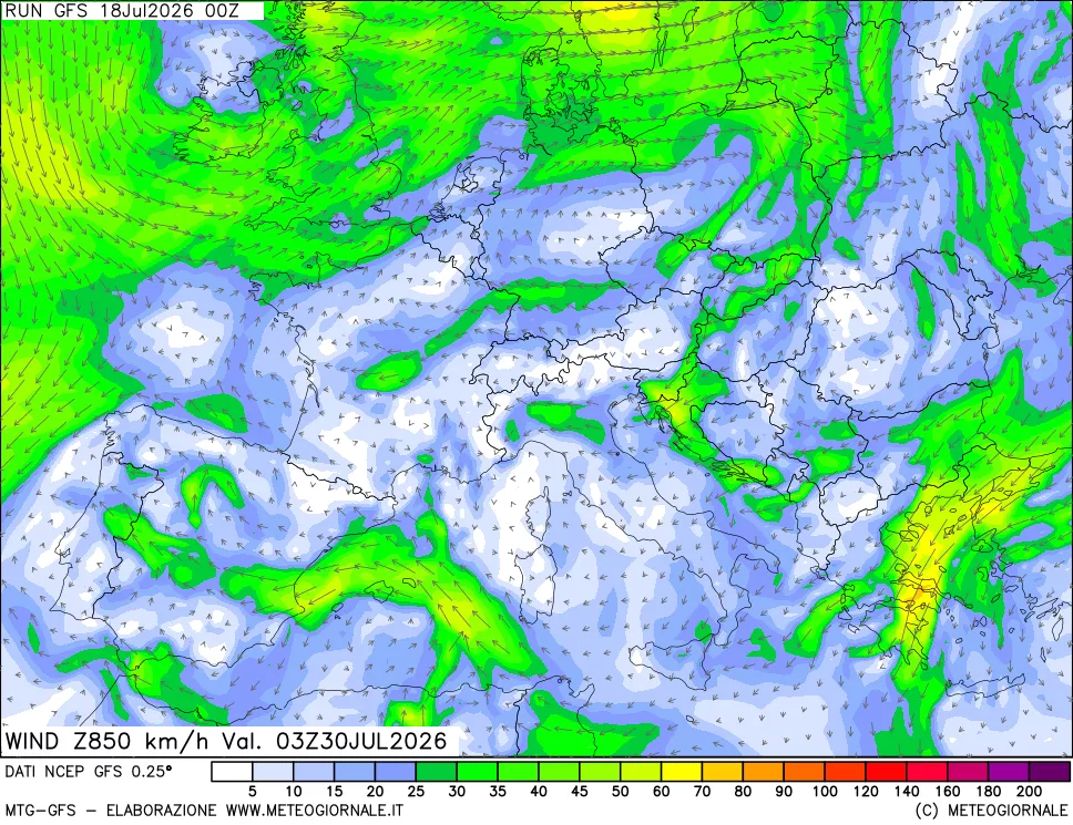 mappa 850 hPa Vento forza e direzione