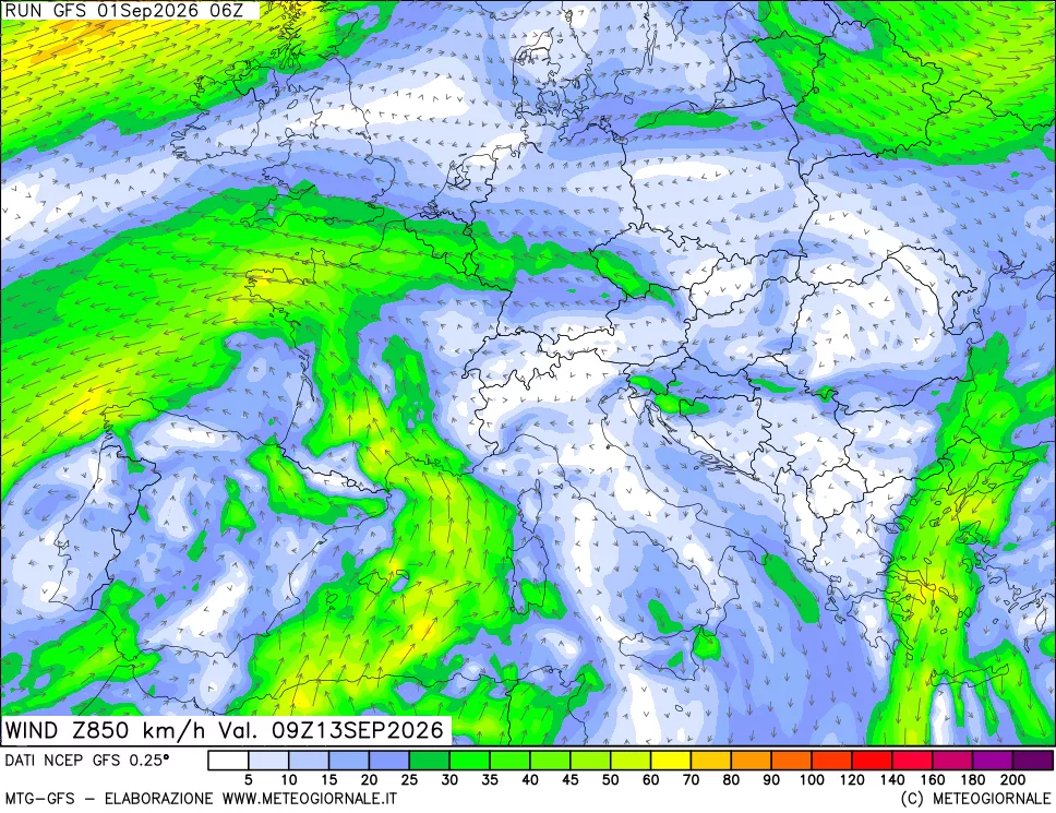 mappa 850 hPa Vento forza e direzione