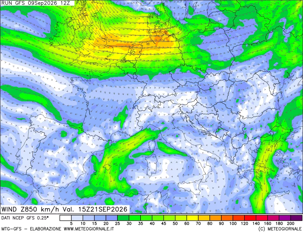 mappa 850 hPa Vento forza e direzione