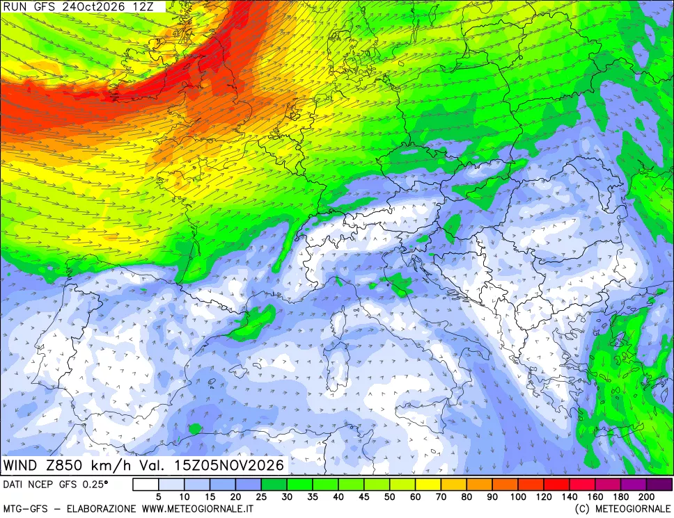 mappa 850 hPa Vento forza e direzione