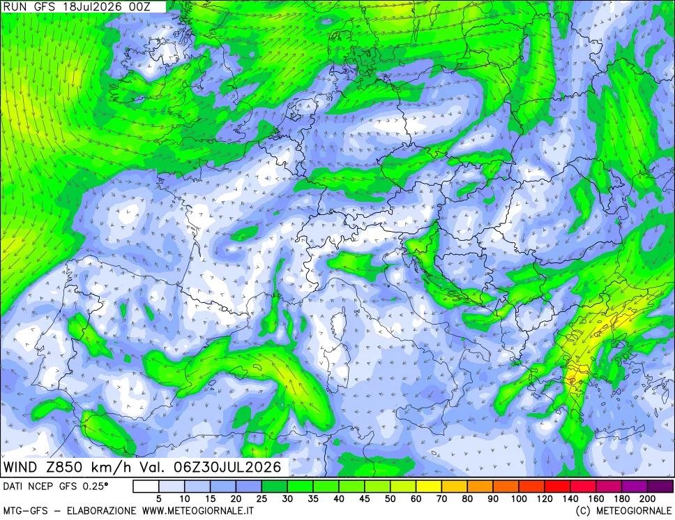 mappa 850 hPa Vento forza e direzione