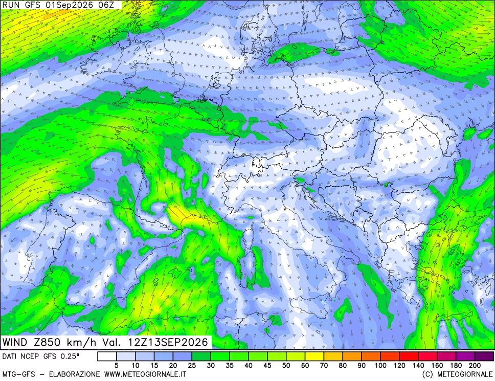 mappa 850 hPa Vento forza e direzione