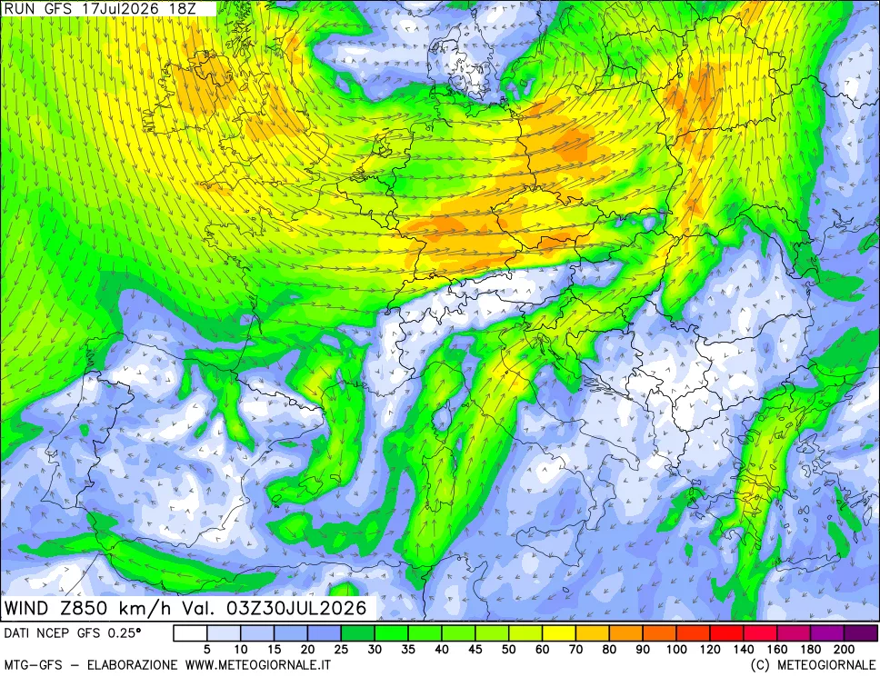 mappa 850 hPa Vento forza e direzione