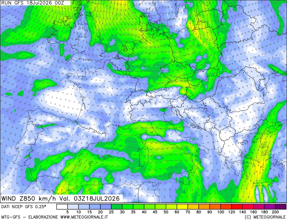 mappa 850 hPa Vento forza e direzione