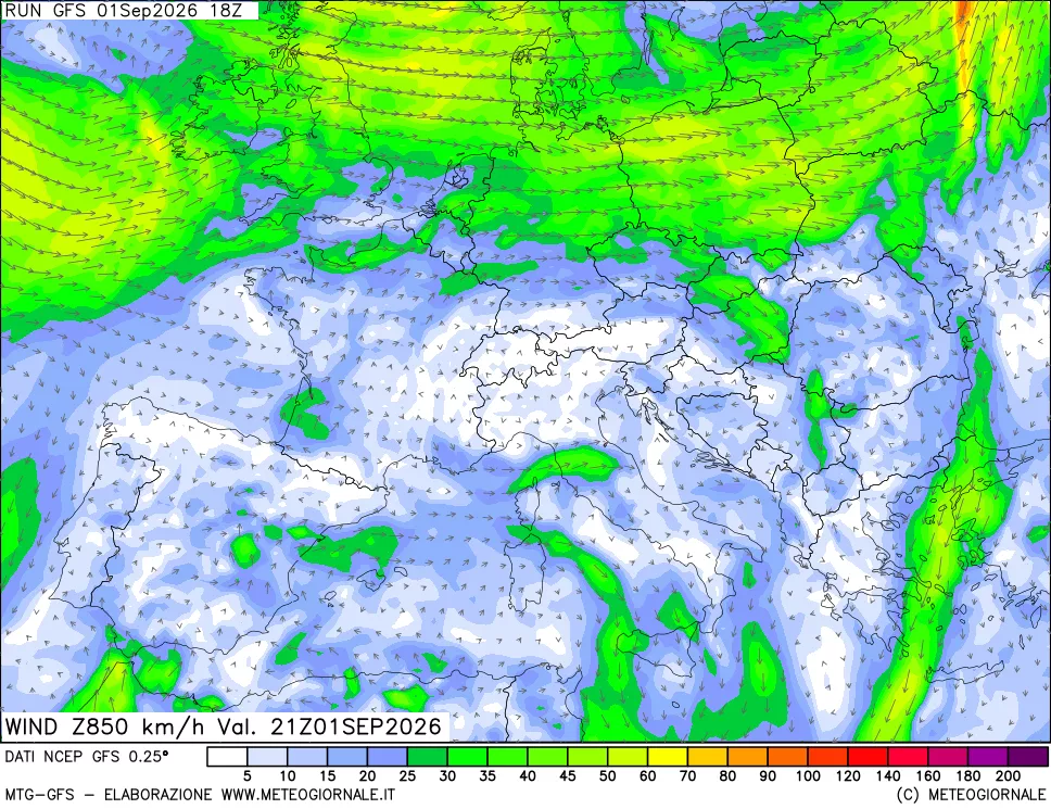 mappa 850 hPa Vento forza e direzione