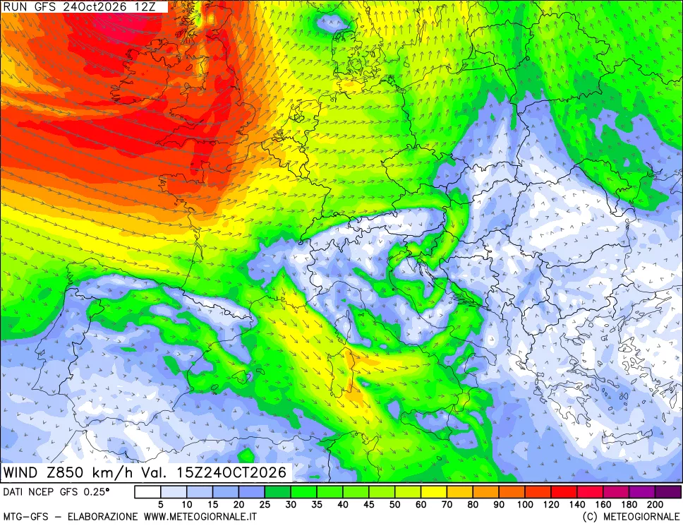 mappa 850 hPa Vento forza e direzione