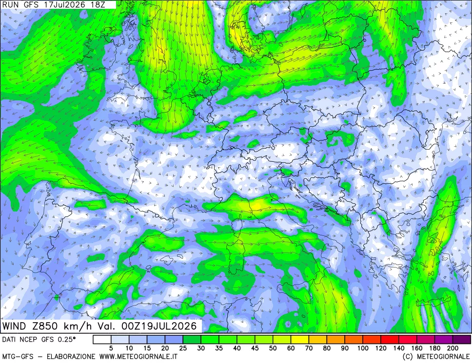 mappa 850 hPa Vento forza e direzione