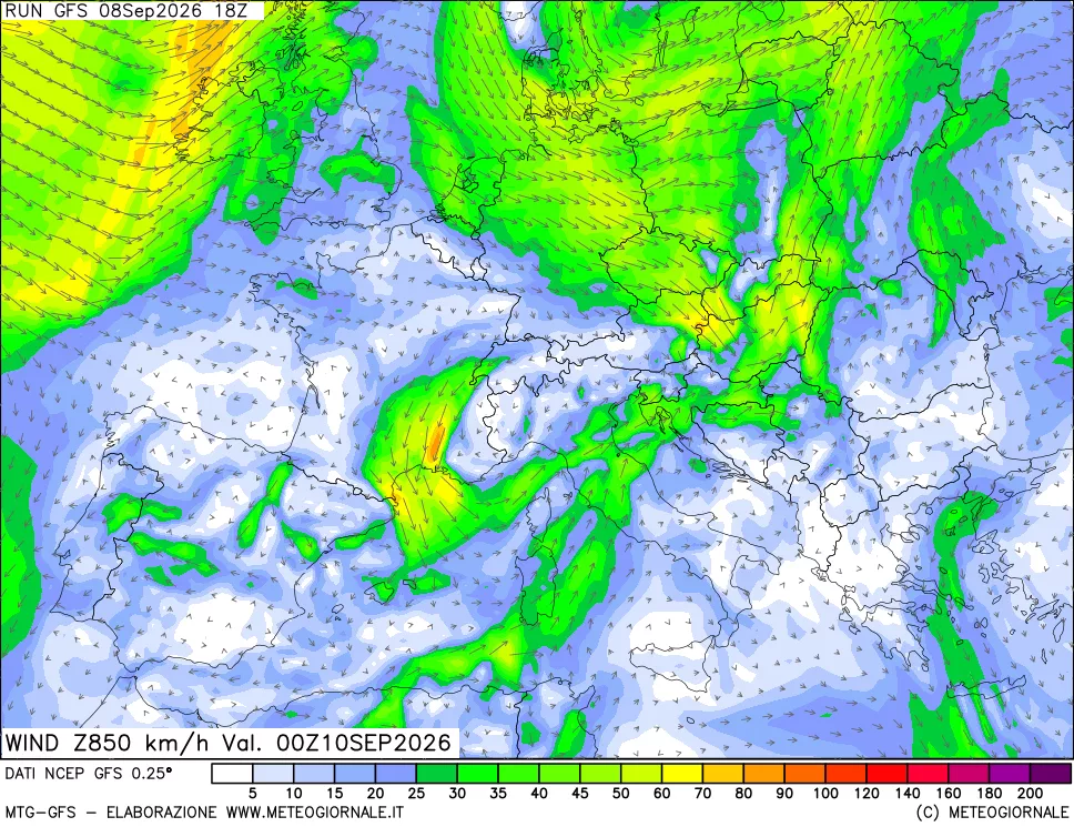 mappa 850 hPa Vento forza e direzione