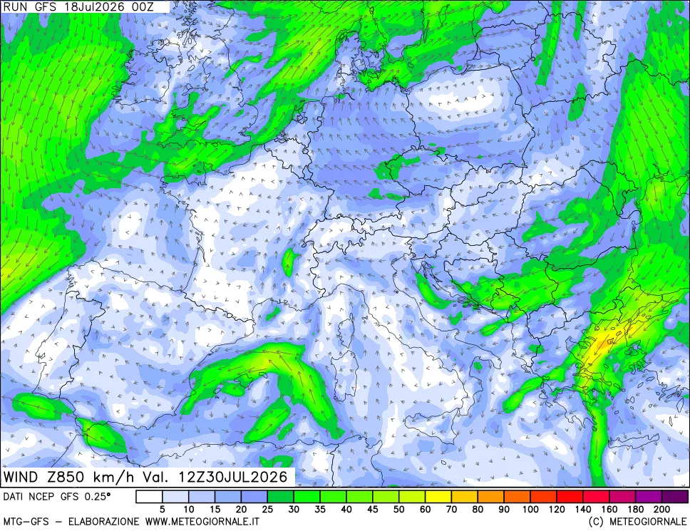 mappa 850 hPa Vento forza e direzione