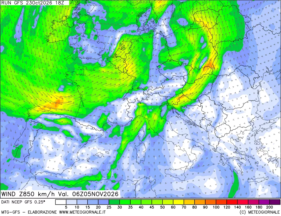 mappa 850 hPa Vento forza e direzione
