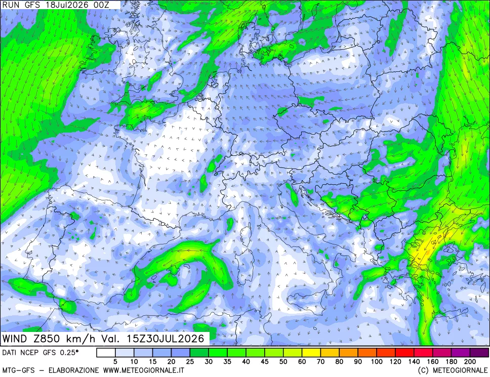 mappa 850 hPa Vento forza e direzione