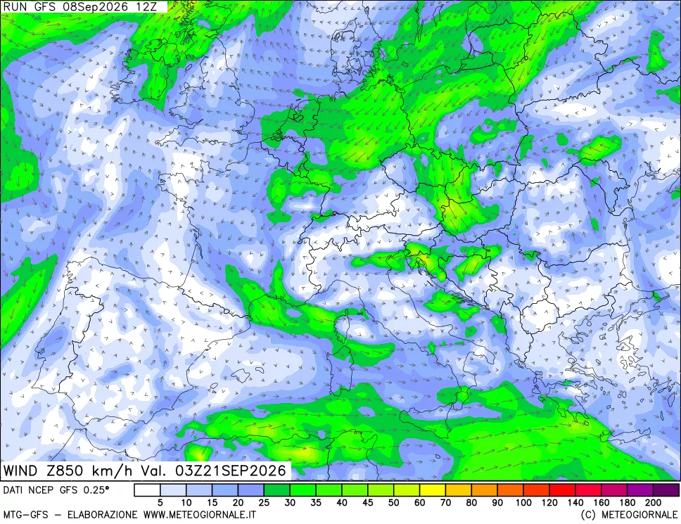mappa 850 hPa Vento forza e direzione