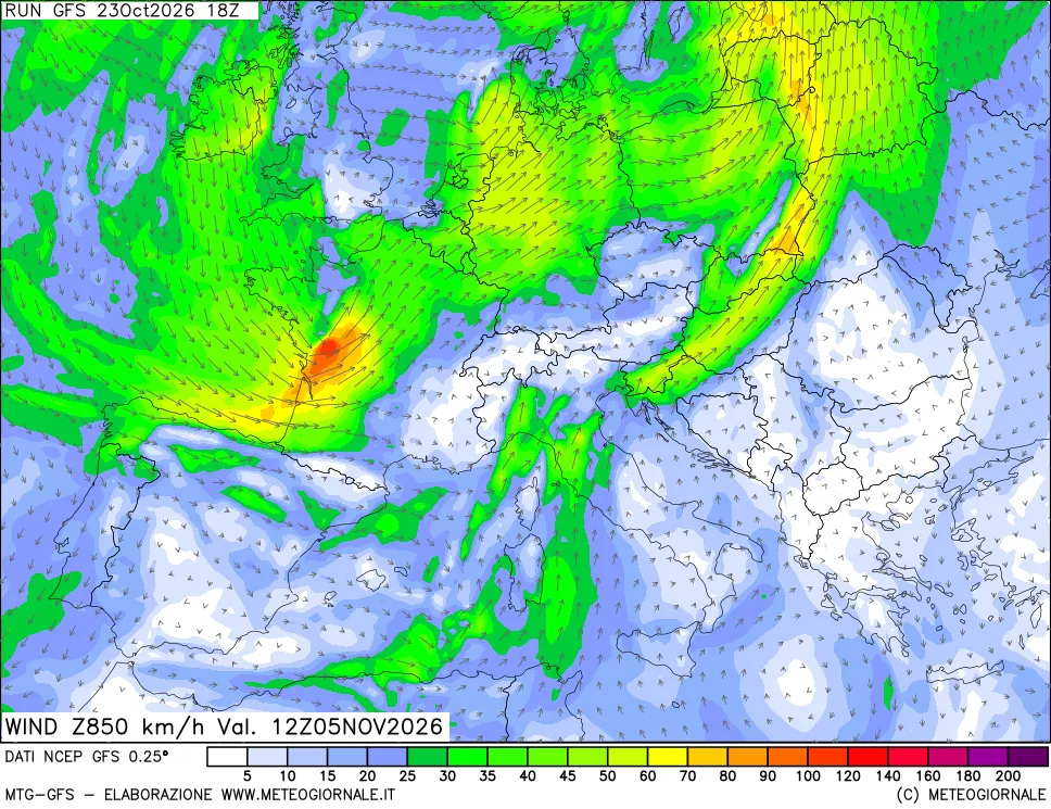 mappa 850 hPa Vento forza e direzione