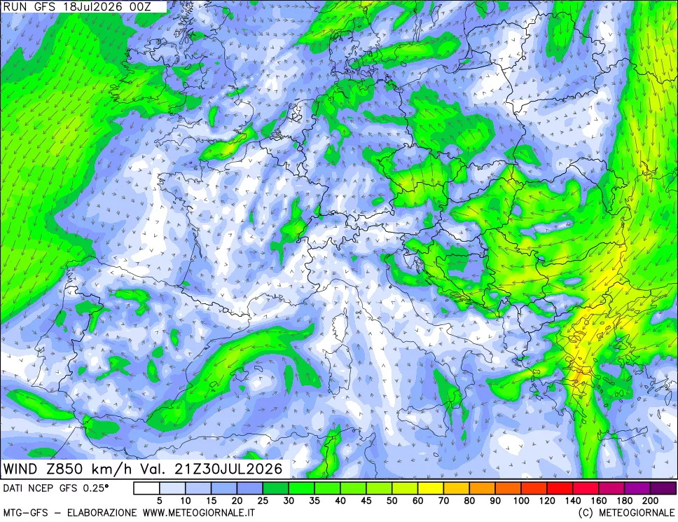 mappa 850 hPa Vento forza e direzione