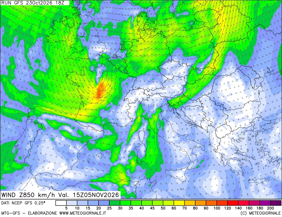 mappa 850 hPa Vento forza e direzione