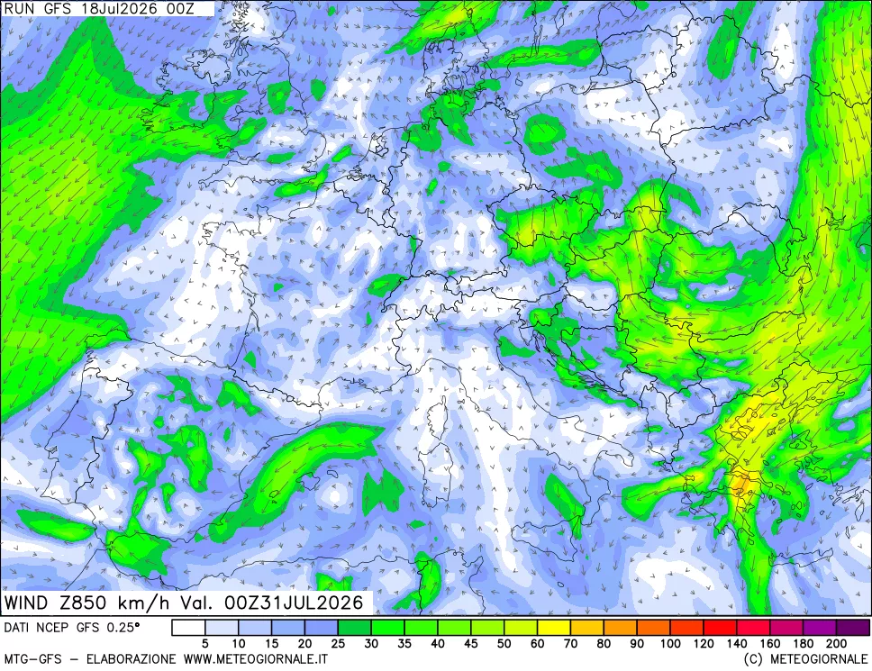 mappa 850 hPa Vento forza e direzione