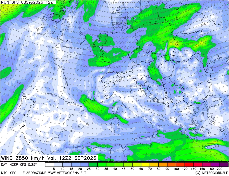 mappa 850 hPa Vento forza e direzione