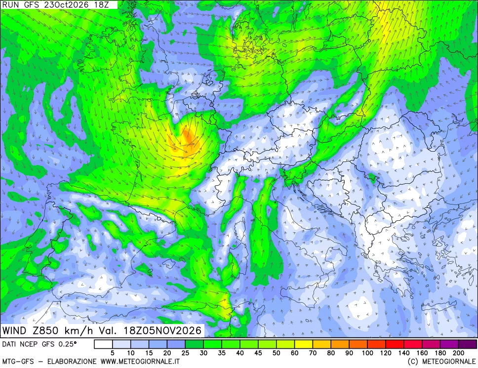 mappa 850 hPa Vento forza e direzione