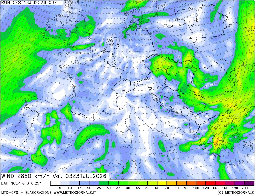 mappa 850 hPa Vento forza e direzione